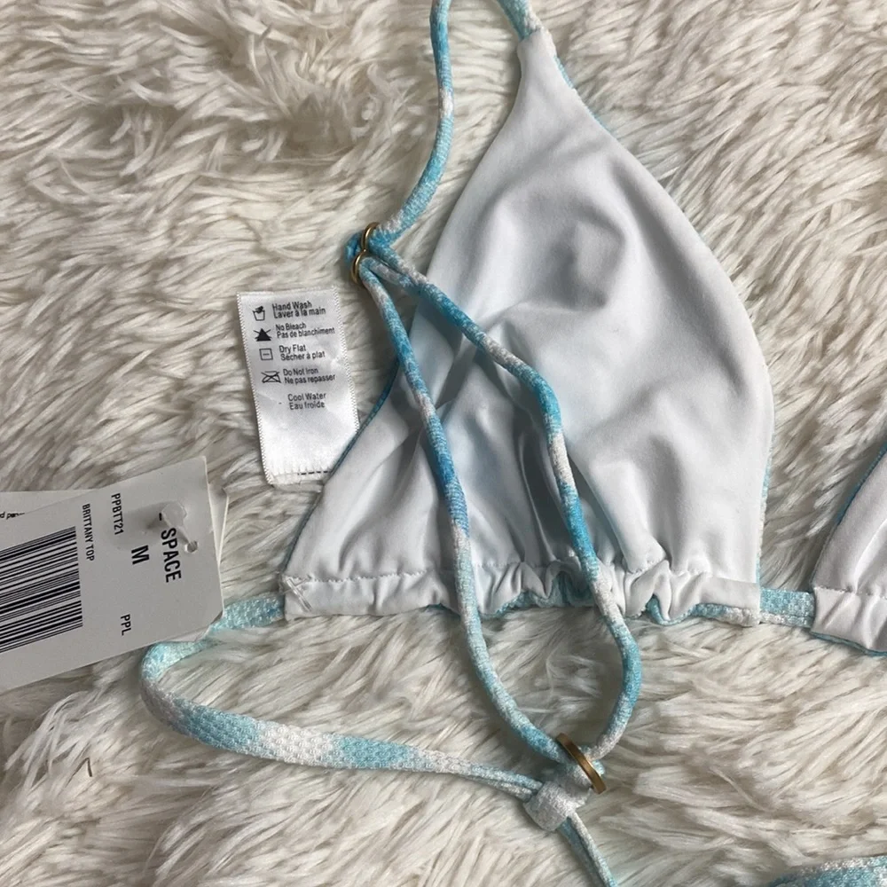 L Space by Monica Wise Blue White Checkered Bikini Swim Top Size Medium